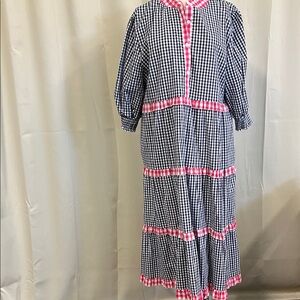 Gingham Checkered Maxi Dress with Red Accents